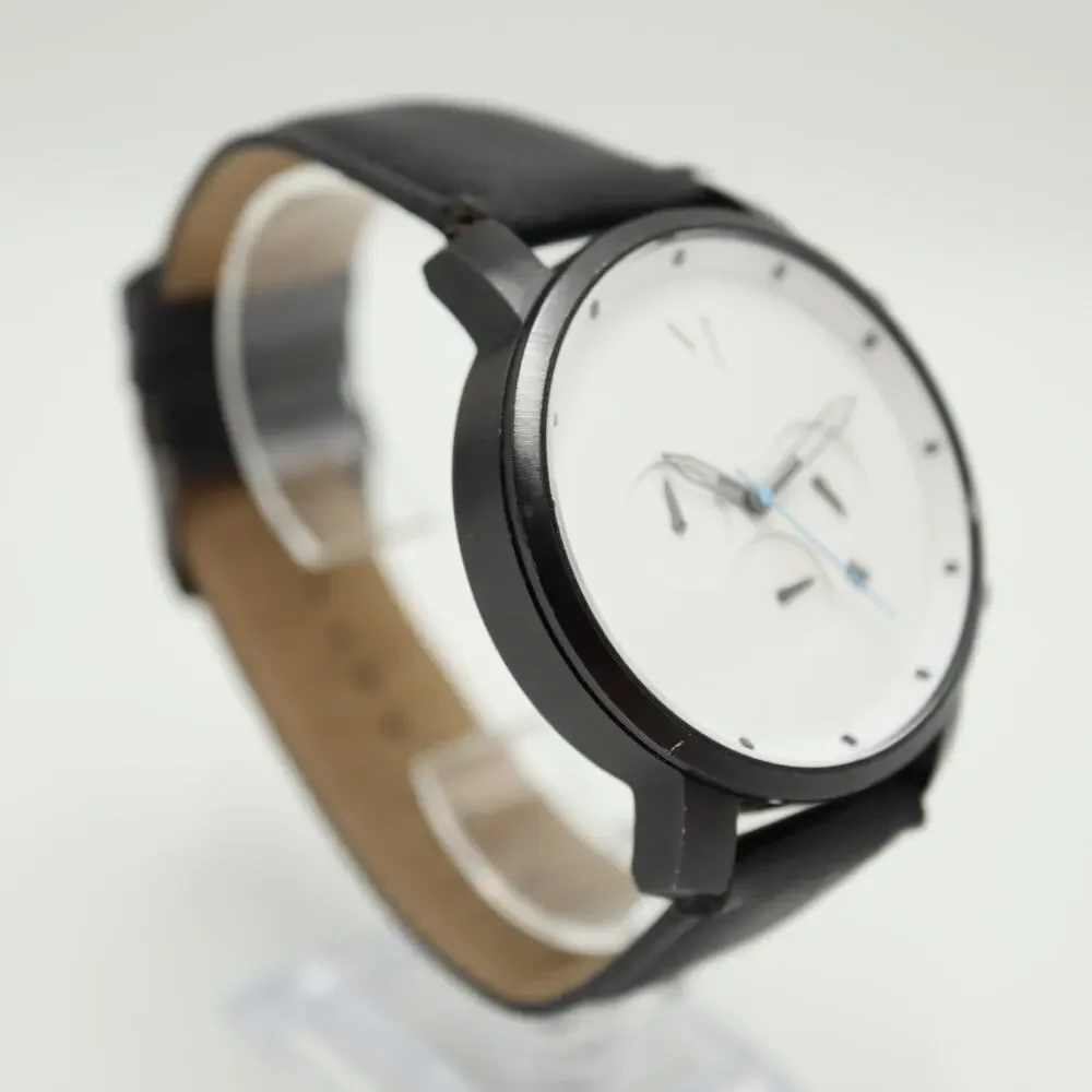 MVMT Men's 45mm Chronograph Minimal Watch White Black Faux Leather w New Battery